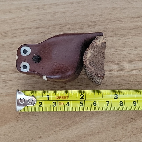 Hand Carved Wooden Owl Sitting on a Log with Inlayed Eyes Wing and Top of Head - Picture 10 of 10
